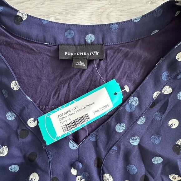 Fortune + Ivy Collin Mixed Material Blouse Navy L STITCH FIX NWT - Picture 3 of 5